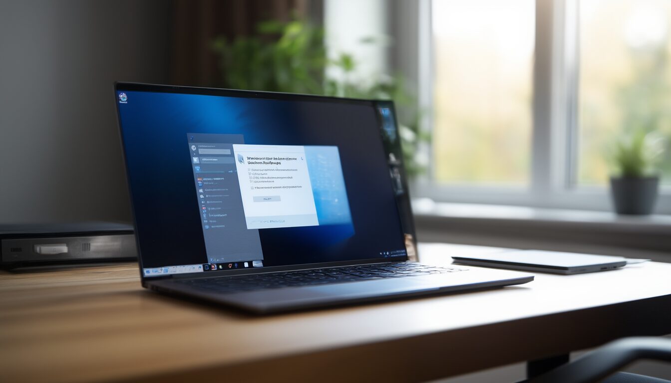 Laptop mit Windows-Fehlermeldung auf dem Bildschirm, im Hintergrund unscharfe Einstellungen