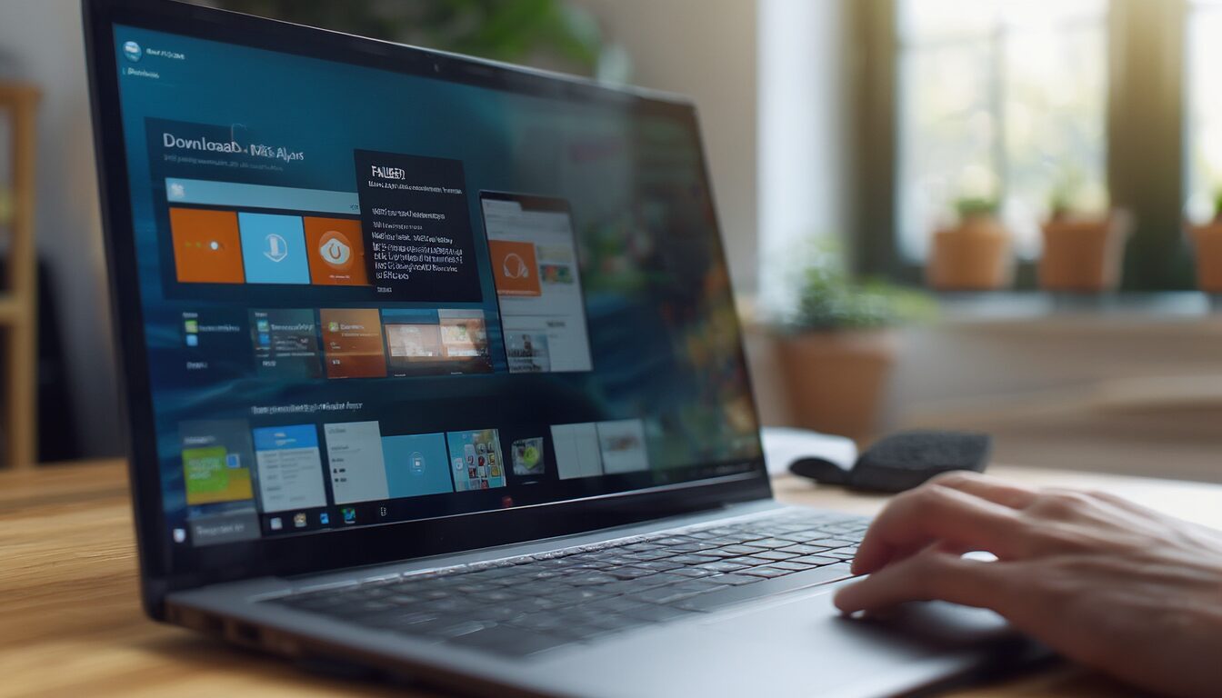 Laptop mit Microsoft Store, fehlgeschlagene App-Installation als Symbol für Fehlercode 0x80073D02