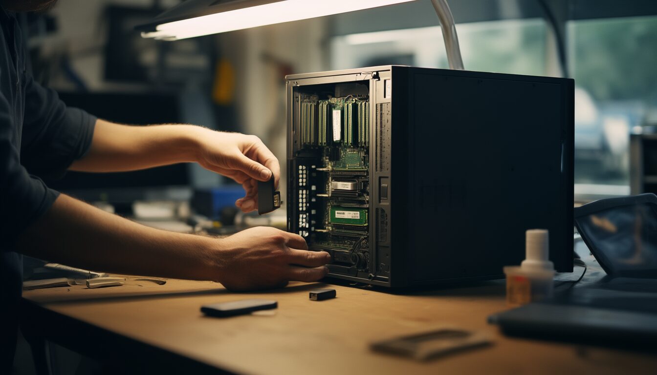 Techniker repariert an einem Werkstatttisch einen Windows-PC mit geöffnetem Gehäuse, daneben ein USB-Stick