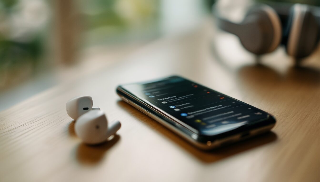 Android-Smartphone mit geöffneten Bluetooth-Einstellungen neben kabellosen Kopfhörern auf einem Schreibtisch