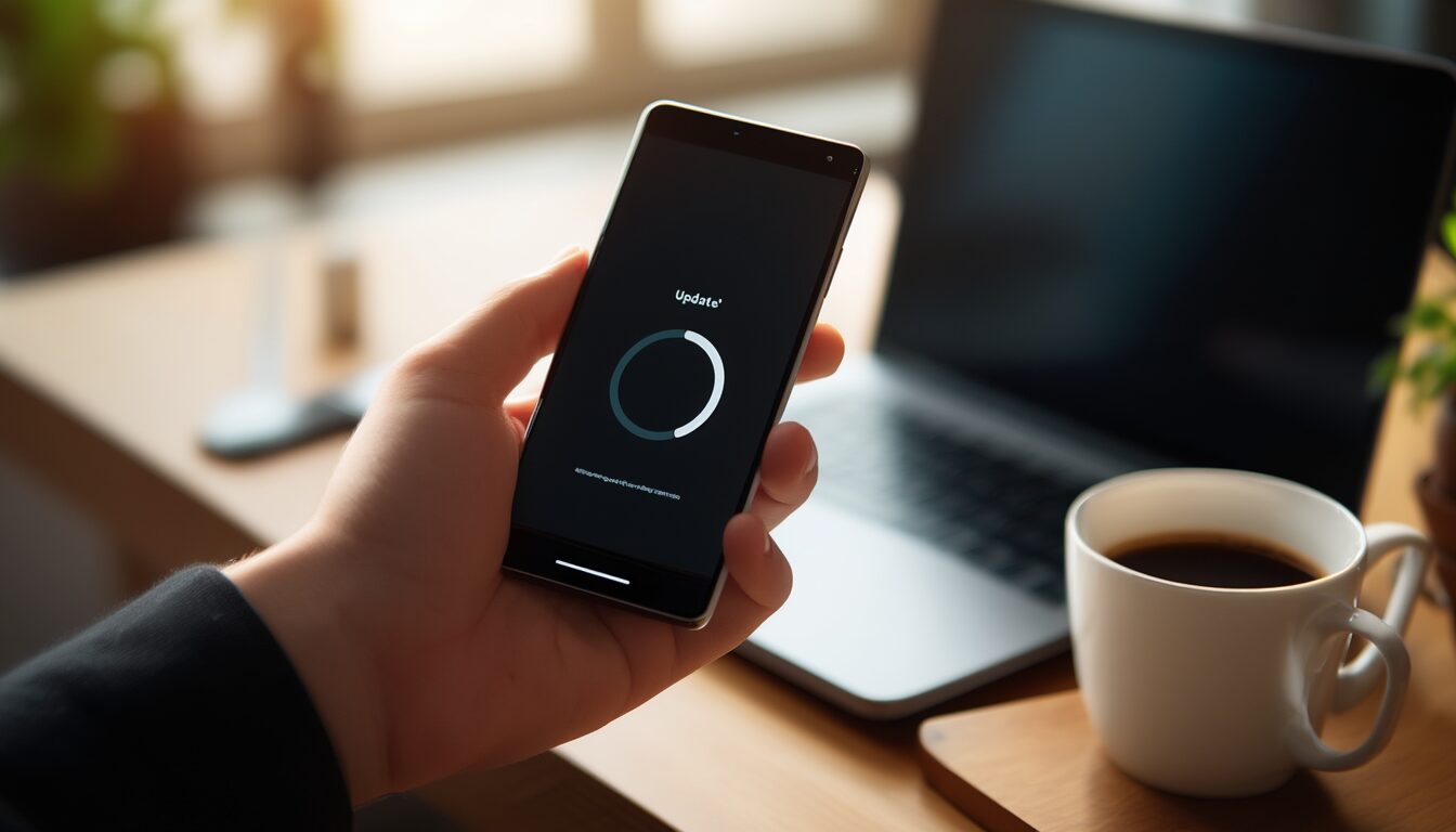 Hand hält ein Android-Smartphone mit hängendem App-Update auf dem Bildschirm