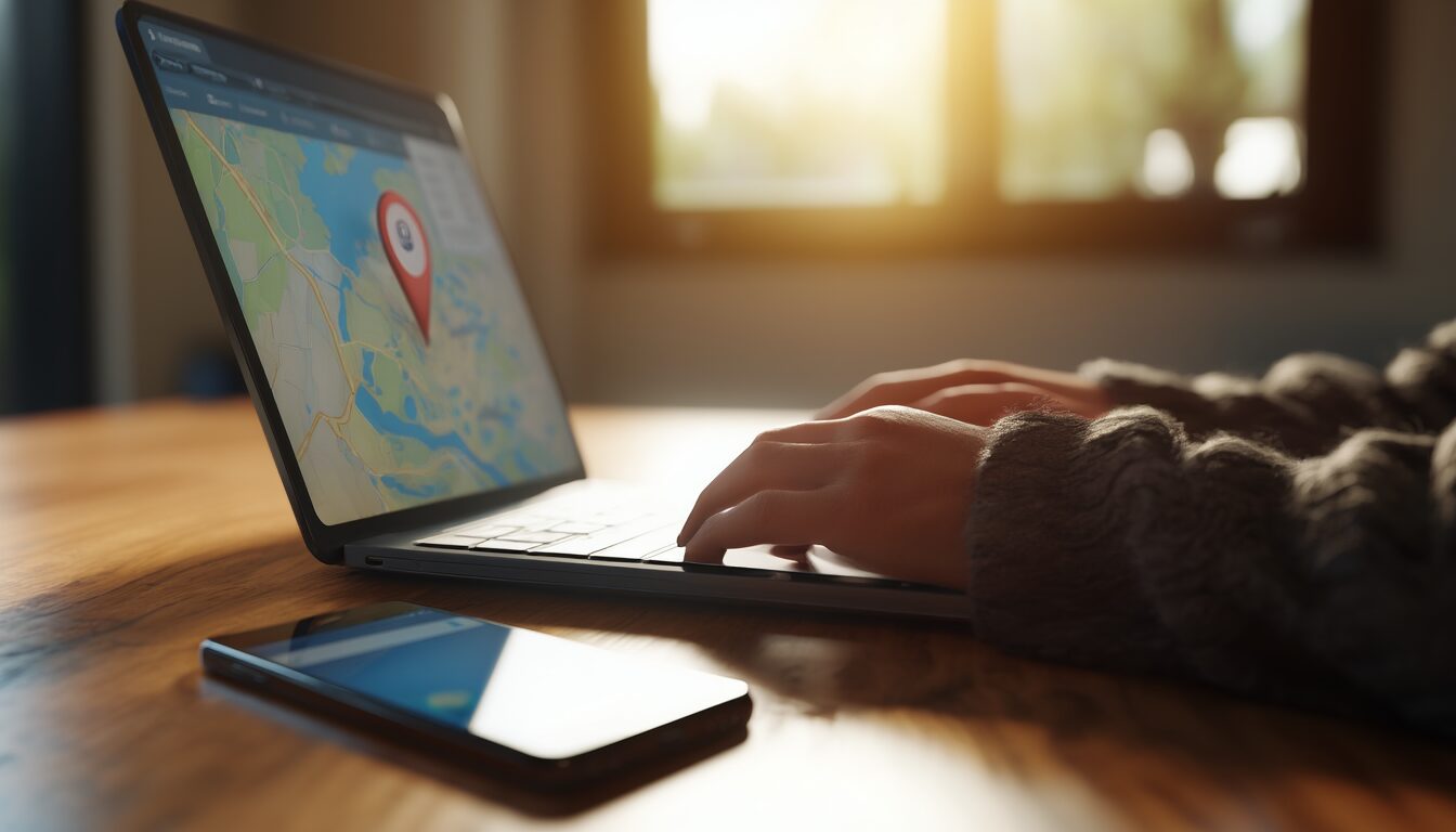 Person ortet ein verlorenes Android-Handy am Laptop über eine Karte mit Standort-Markierung