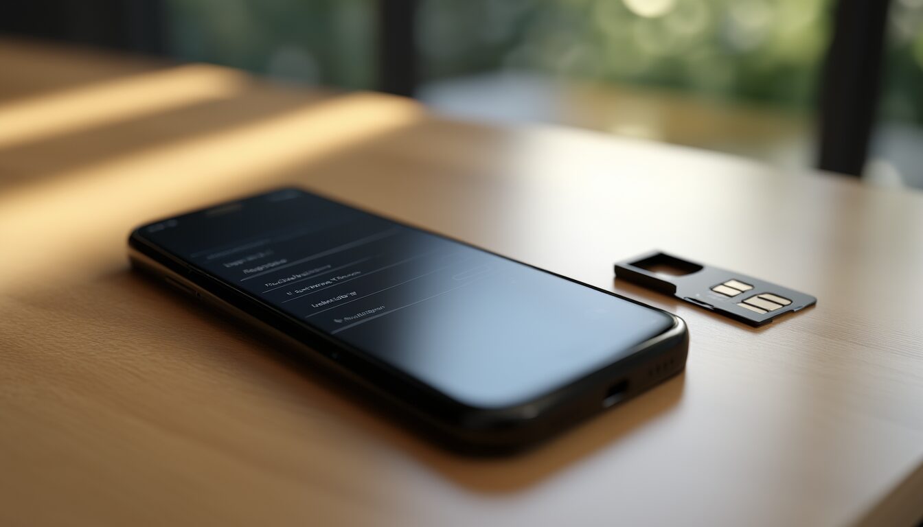 Hände halten ein Android-Smartphone mit geöffnetem Zurücksetzen-Menü, daneben eine ausgebaute SIM-Karte und eine microSD-Karte
