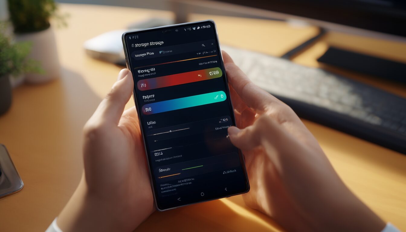 Hand hält ein Android-Smartphone mit geöffneter Speicherübersicht in den Einstellungen