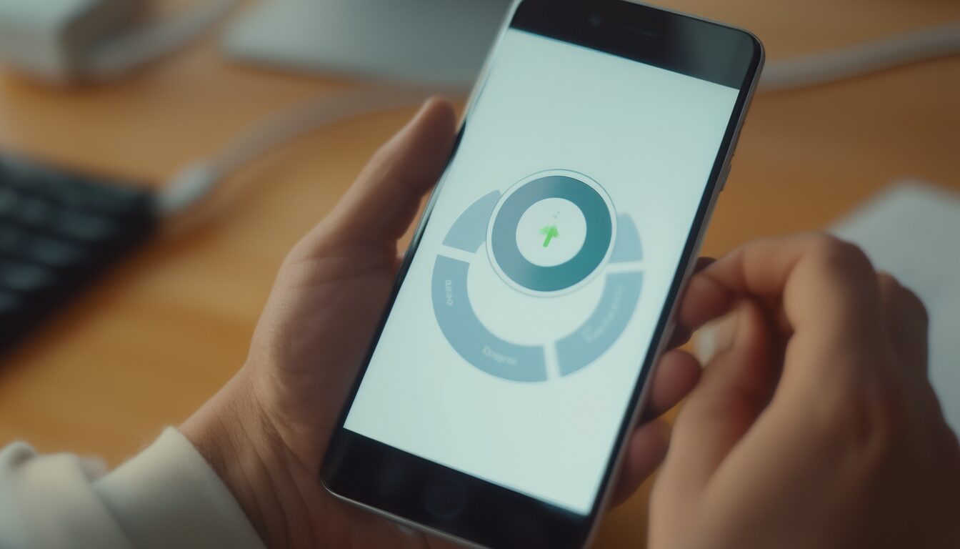 Hand hält ein Smartphone, auf dem gerade ein Android-Update installiert wird