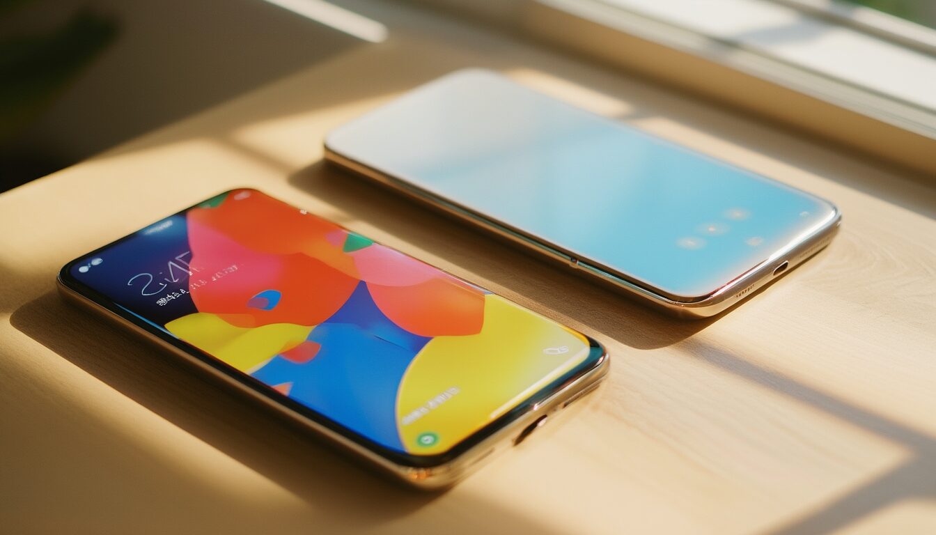 Zwei Smartphones nebeneinander auf einem Schreibtisch symbolisieren den Vergleich von Android und iOS
