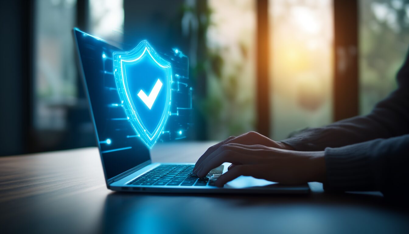 Laptop mit symbolischem blauem Schutzschild als Sinnbild für ein aktives Antivirenprogramm