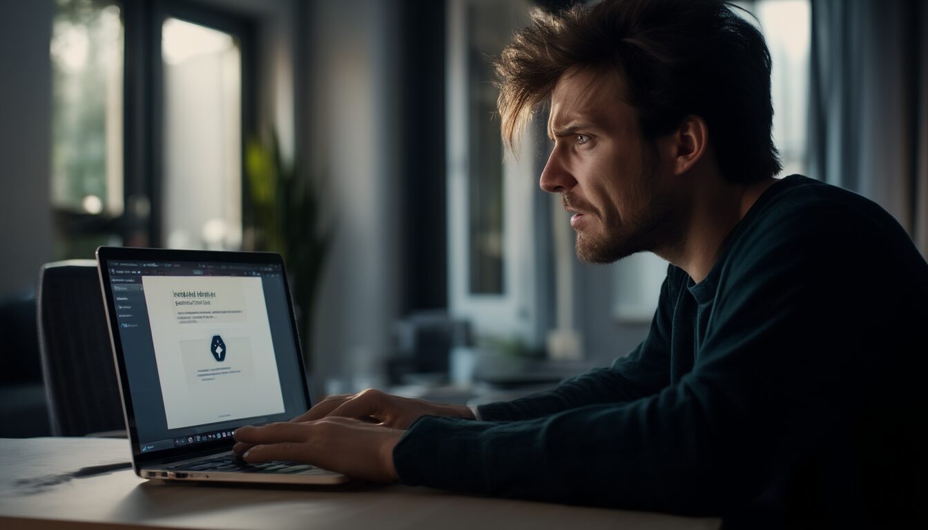 Laptop mit blockierter App-Installation in Windows, Person prüft die Fehlermeldung am Schreibtisch