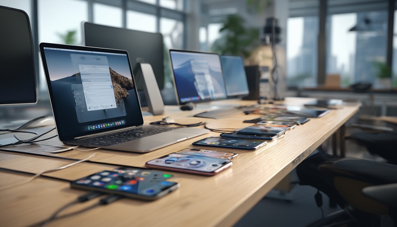 Mehrere iPhones und iPads per USB-Kabel an einen Mac angeschlossen zur Einrichtung mit Apple Configurator