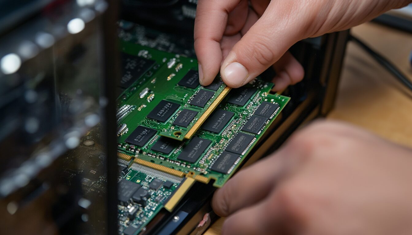 Hände stecken einen Arbeitsspeicher-Riegel in den DIMM-Slot eines geöffneten Desktop-PCs