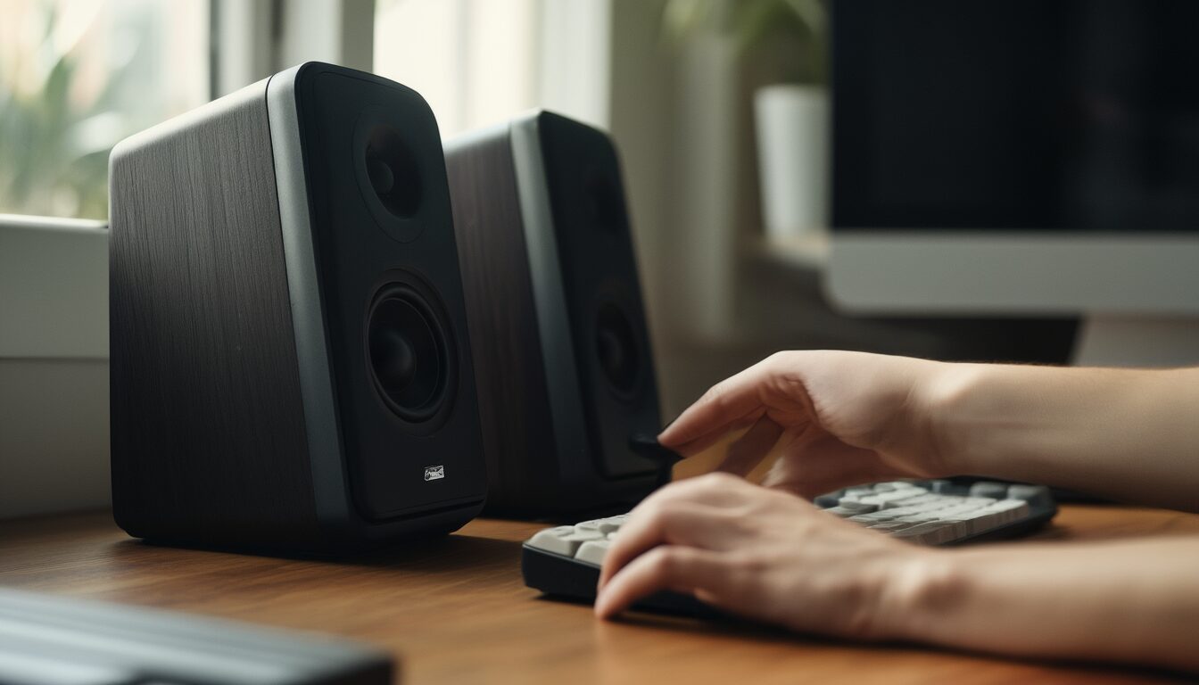 Schwarze Computerlautsprecher auf einem Schreibtisch neben der Tastatur, eine Hand justiert den Lautstärkeregler