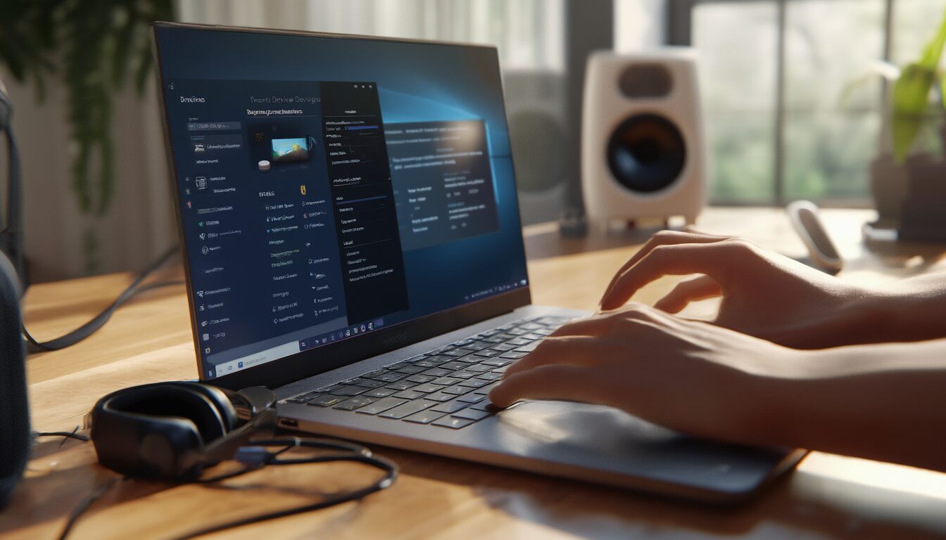 Audiotreiber-Probleme nach Update: kein Ton schnell beheben 1 Laptop mit geöffneten Sound-Einstellungen neben Lautsprechern und Kopfhörern auf einem Schreibtisch