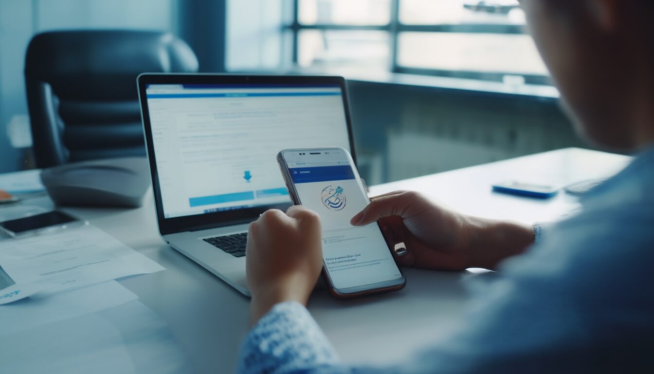 Person bestätigt eine Anmeldung per Authenticator-App auf dem Smartphone neben einem Laptop