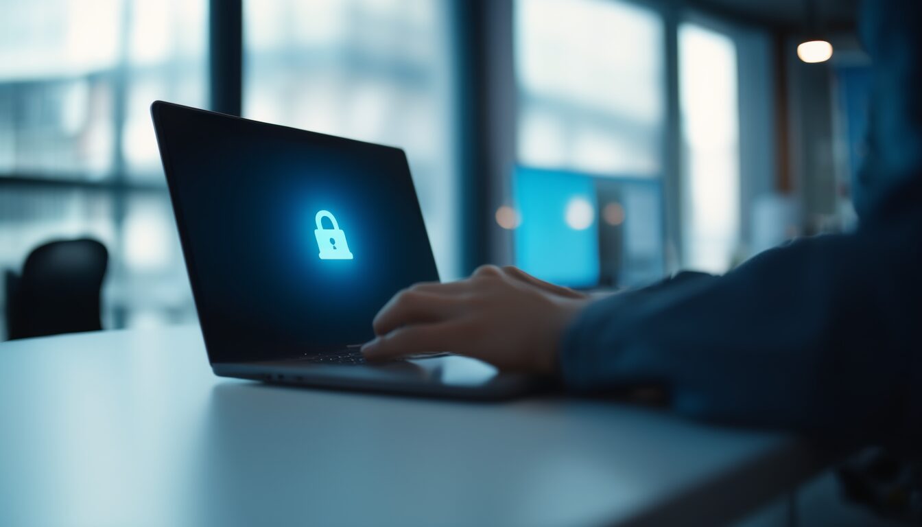 Person meldet sich am Laptop an einem Anmeldebildschirm an – Symbolbild für Azure AD- bzw. Entra-ID-Token-Authentifizierung
