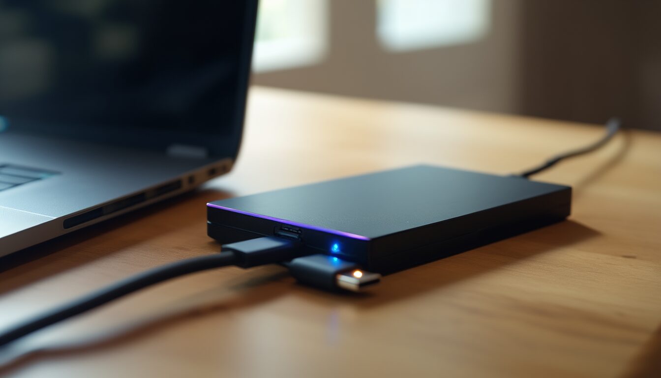 Externe SSD-Festplatte per USB-Kabel an einem Laptop als Symbol für die Windows-Datensicherung
