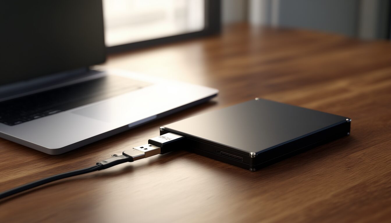Zwei vom Laptop getrennte externe Festplatten auf einem Schreibtisch als Sinnbild für Offline-Backups