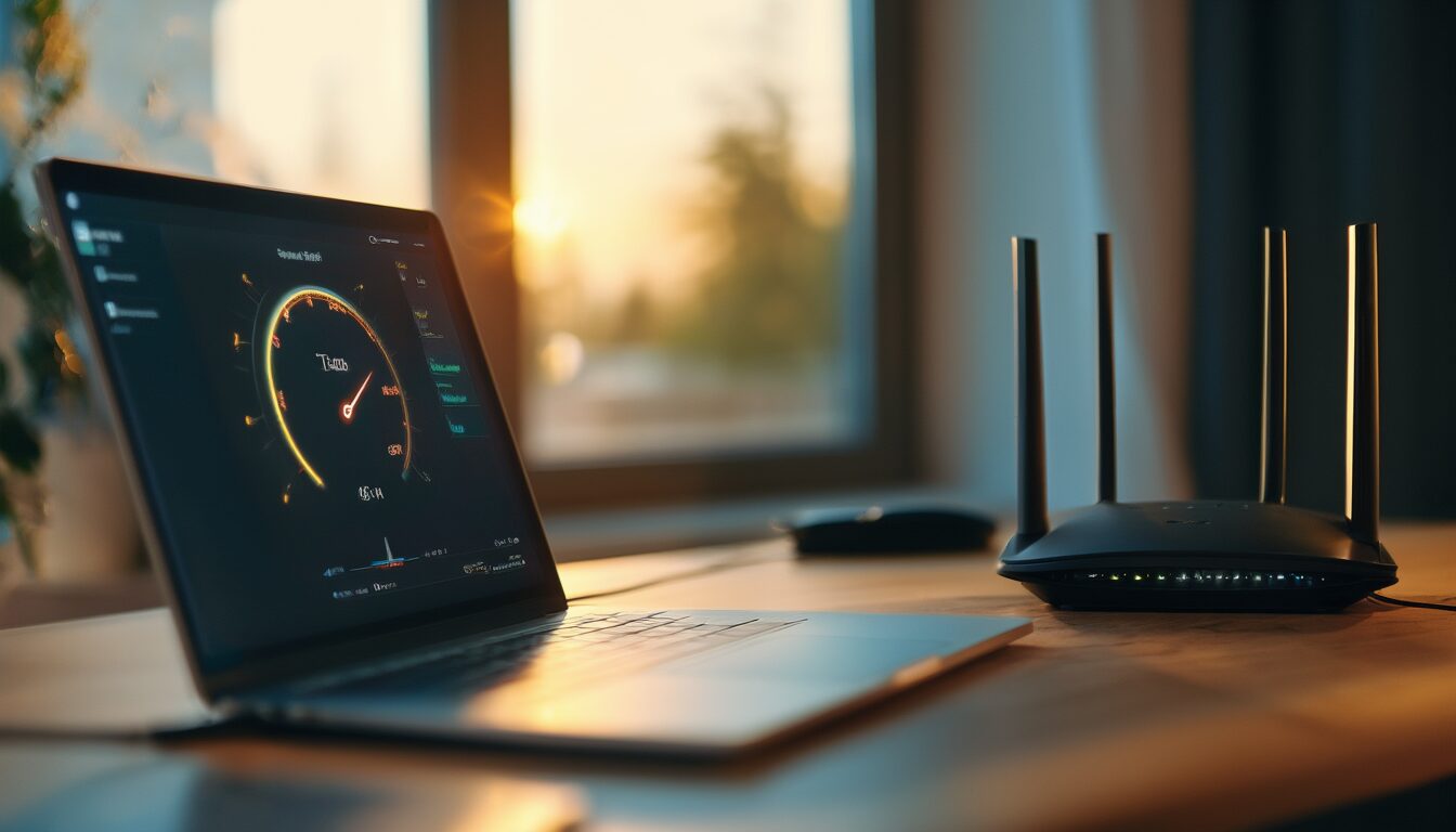 Bandbreiten-Drosselung erkennen und beheben: die komplette Anleitung 5 Laptop mit Geschwindigkeitstest auf einem Schreibtisch, im Hintergrund ein WLAN-Router – Symbolbild fuer das Erkennen von Bandbreiten-Drosselung