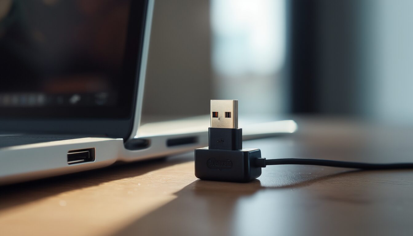 Bluetooth-Adapter wird nicht erkannt? Die echten Ursachen und Lösungen 1 USB-Bluetooth-Adapter steckt im USB-Anschluss eines Laptops auf einem Schreibtisch