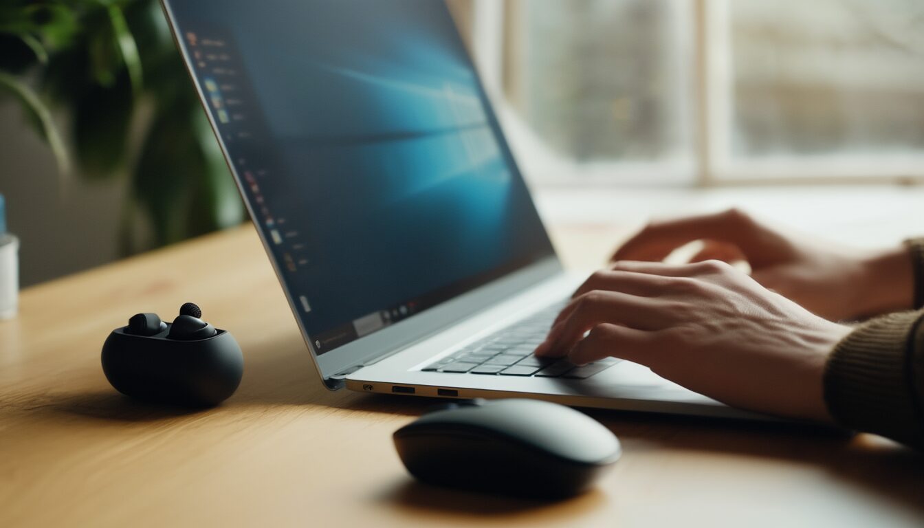Laptop auf einem Schreibtisch mit kabellosen Bluetooth-Kopfhörern und Funkmaus während der Fehlersuche unter Windows 11