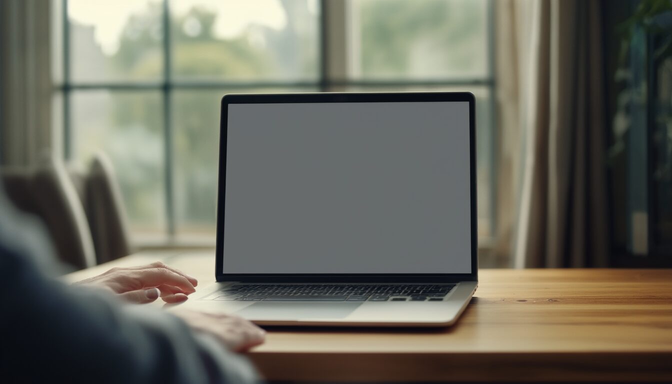 Laptop auf einem Schreibtisch mit grauem Fehlerbildschirm, Hände auf der Tastatur beim Beheben eines Chrome-Absturzes