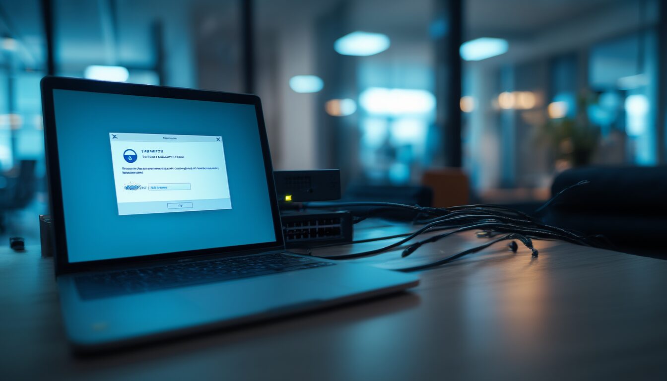 Cisco VPN-Verbindung schlägt fehl: Ursachen und Lösung 1 Laptop mit fehlgeschlagener Cisco-VPN-Verbindung auf einem Schreibtisch im Büro