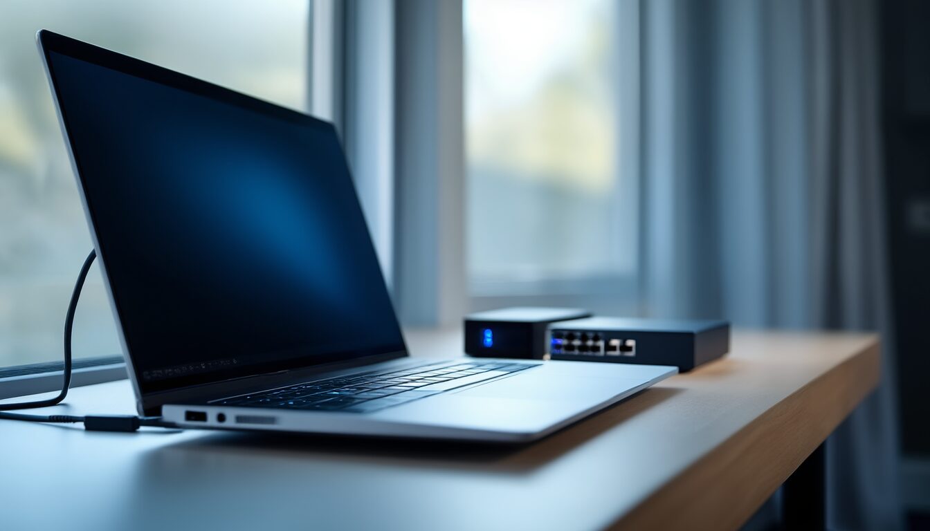 Laptop mit Netzwerkkabel und kleinem Switch auf einem Schreibtisch – Symbolbild für eine fehlgeschlagene Cisco-VPN-Verbindung
