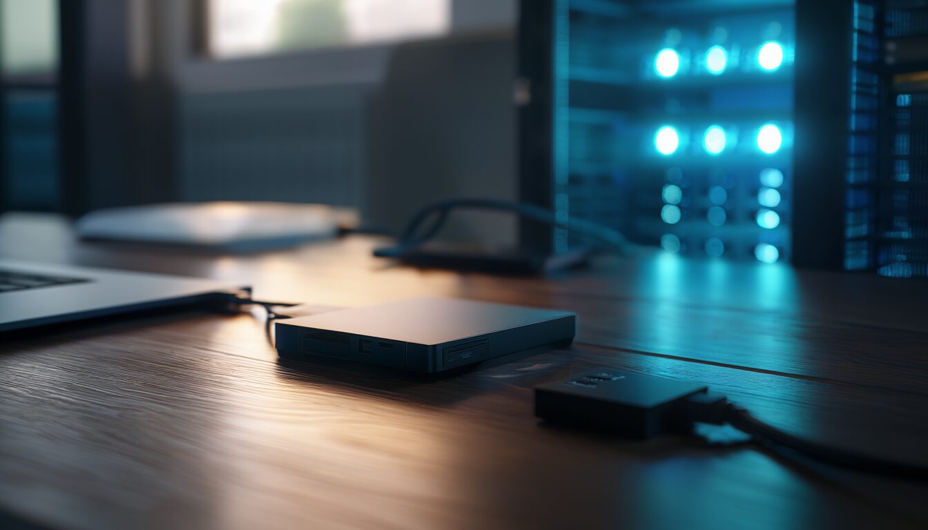 Externe Festplatte am Laptop neben einem Server-Rechenzentrum als Sinnbild für lokales Backup und Cloud-Backup