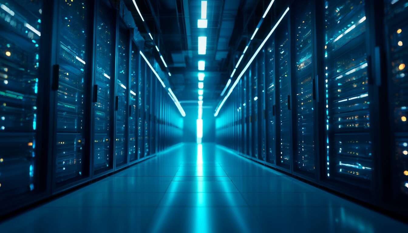 Modernes Rechenzentrum mit beleuchteten Serverschränken als Symbol für sichere, regelkonforme Cloud-Infrastruktur
