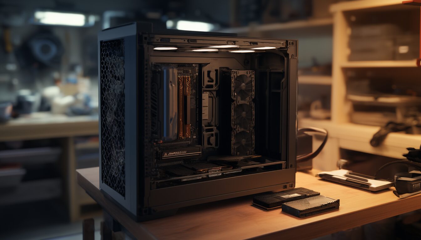 Geöffnetes PC-Gehäuse auf einer Werkbank, Hände bauen einen RAM-Riegel ins Mainboard ein