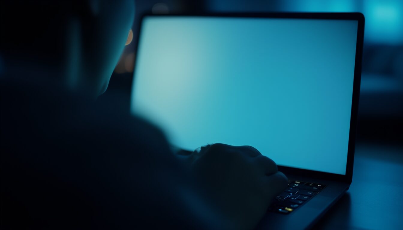 Darknet verstehen: Risiken, Recht und wie du dich schützt 6 Person tippt nachts an einem Laptop in abgedunkeltem Raum – Symbolbild für Anonymität und Sicherheit im Darknet
