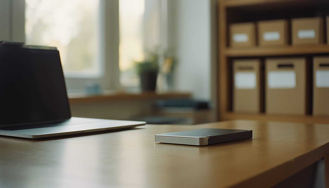 Aufgeräumter Schreibtisch mit Laptop und externer Festplatte als Sinnbild für gute Dateiverwaltung