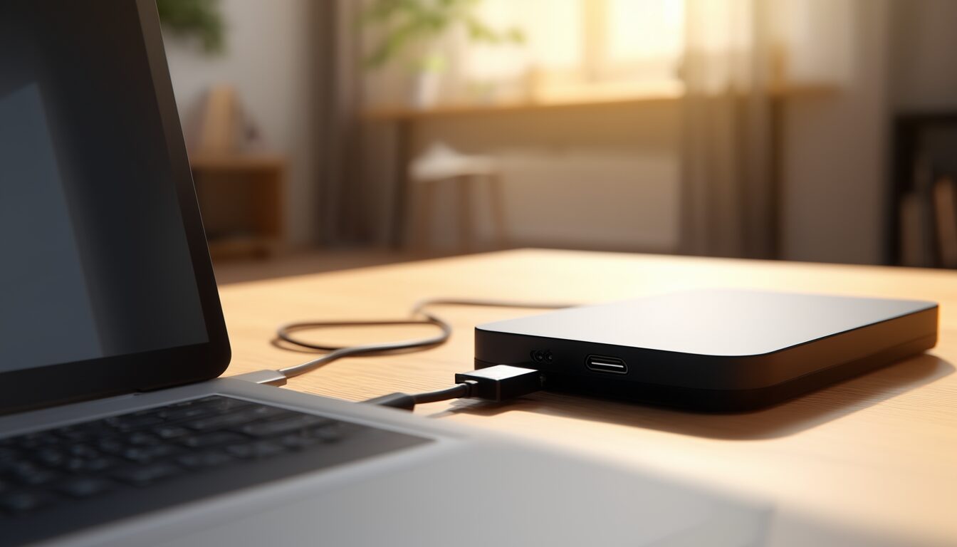 Externe Festplatte wird per USB-C-Kabel an einen Laptop angeschlossen, um ein Backup der Daten zu erstellen.