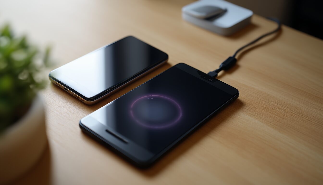 Zwei iPhones liegen per USB-C-Kabel verbunden nebeneinander auf einem Schreibtisch während der Datenübertragung