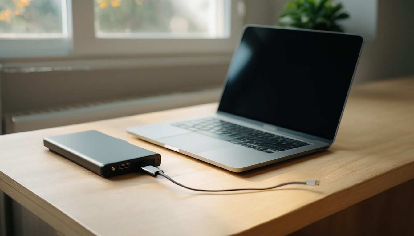 MacBook mit angeschlossener externer SSD-Festplatte für ein Time-Machine-Backup auf einem Holzschreibtisch