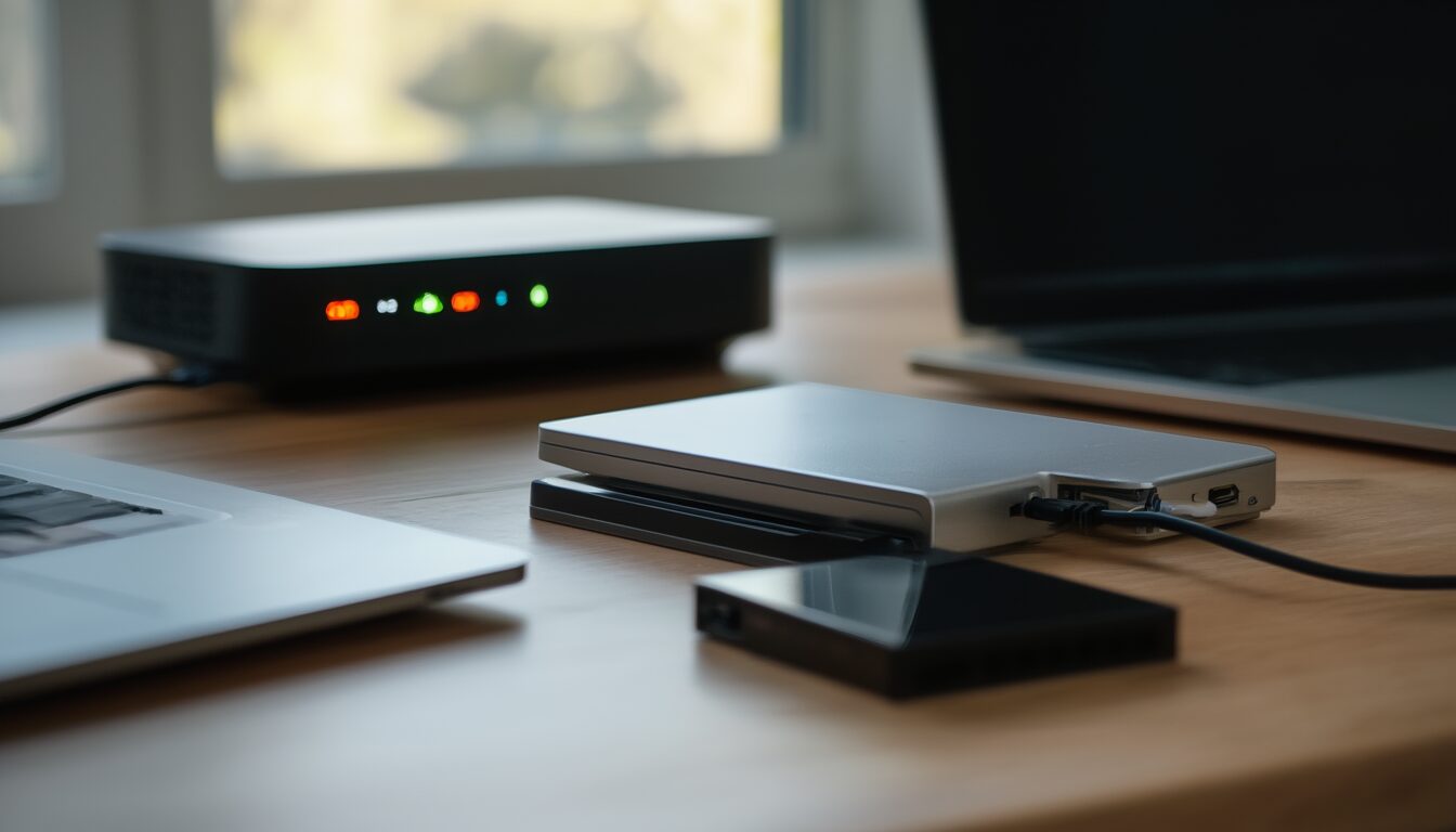 Externe SSD, Festplatte und ein NAS-System auf einem Schreibtisch als Bausteine einer sicheren Datensicherung