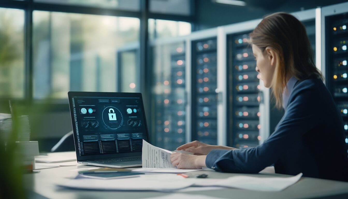 Datenschutzbeauftragte prüft Compliance-Unterlagen im Büro neben Laptop und Serverschrank