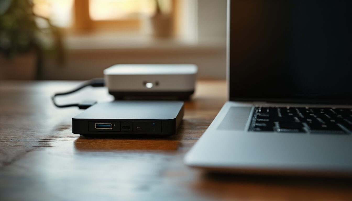 Externe Backup-Festplatte am Laptop mit NAS im Hintergrund als Sinnbild für sichere Datensicherung