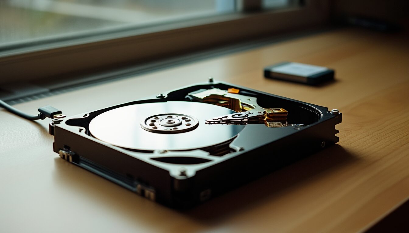 Geöffnete Festplatte mit sichtbarem Lesekopf neben einer externen Backup-SSD auf einem Schreibtisch als Symbol für Datenverlust und Datensicherung