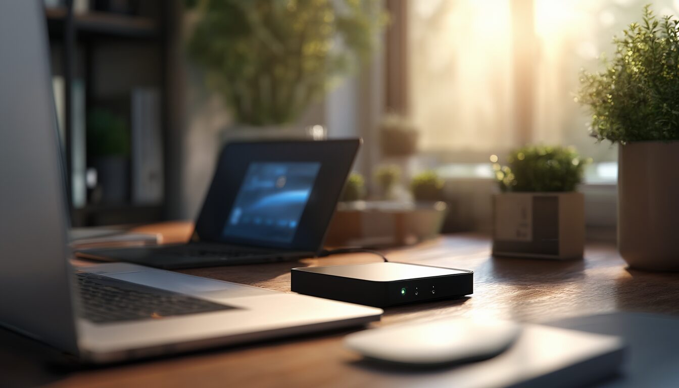 Laptop mit externer Festplatte und kleinem NAS auf einem Schreibtisch zu Hause als Sinnbild für die 3-2-1-Backup-Regel
