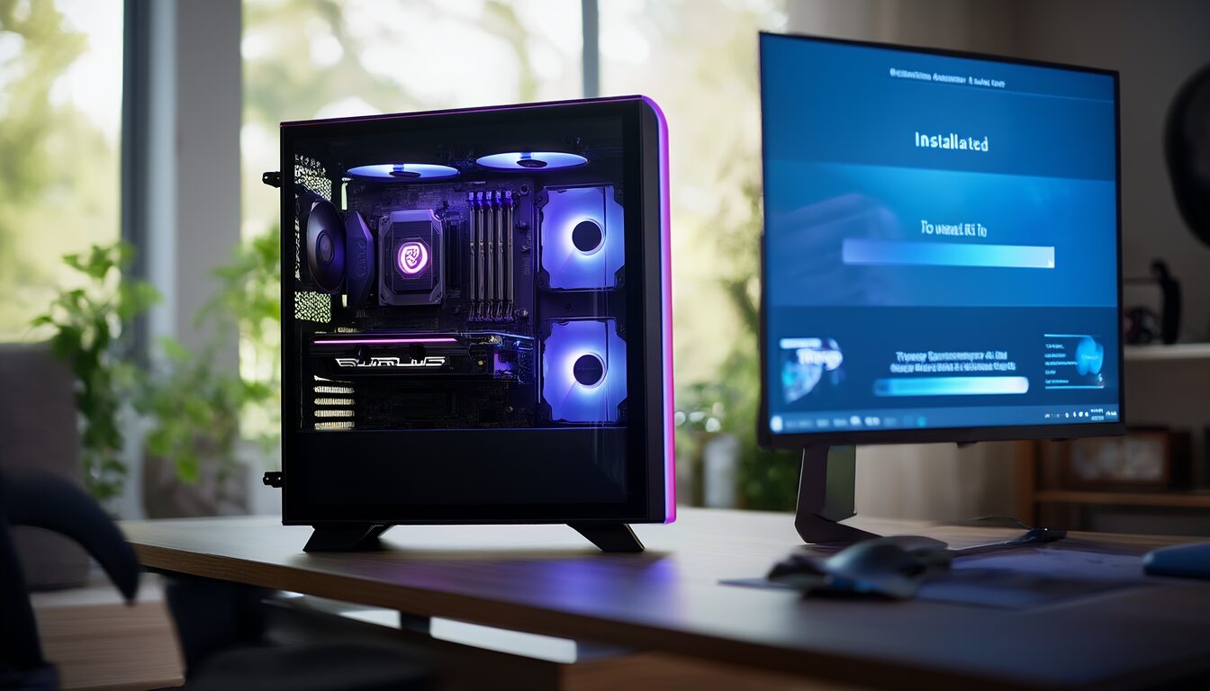 Gaming-PC mit sichtbarer Grafikkarte und einem Installationsfortschritt auf dem Monitor im Hintergrund