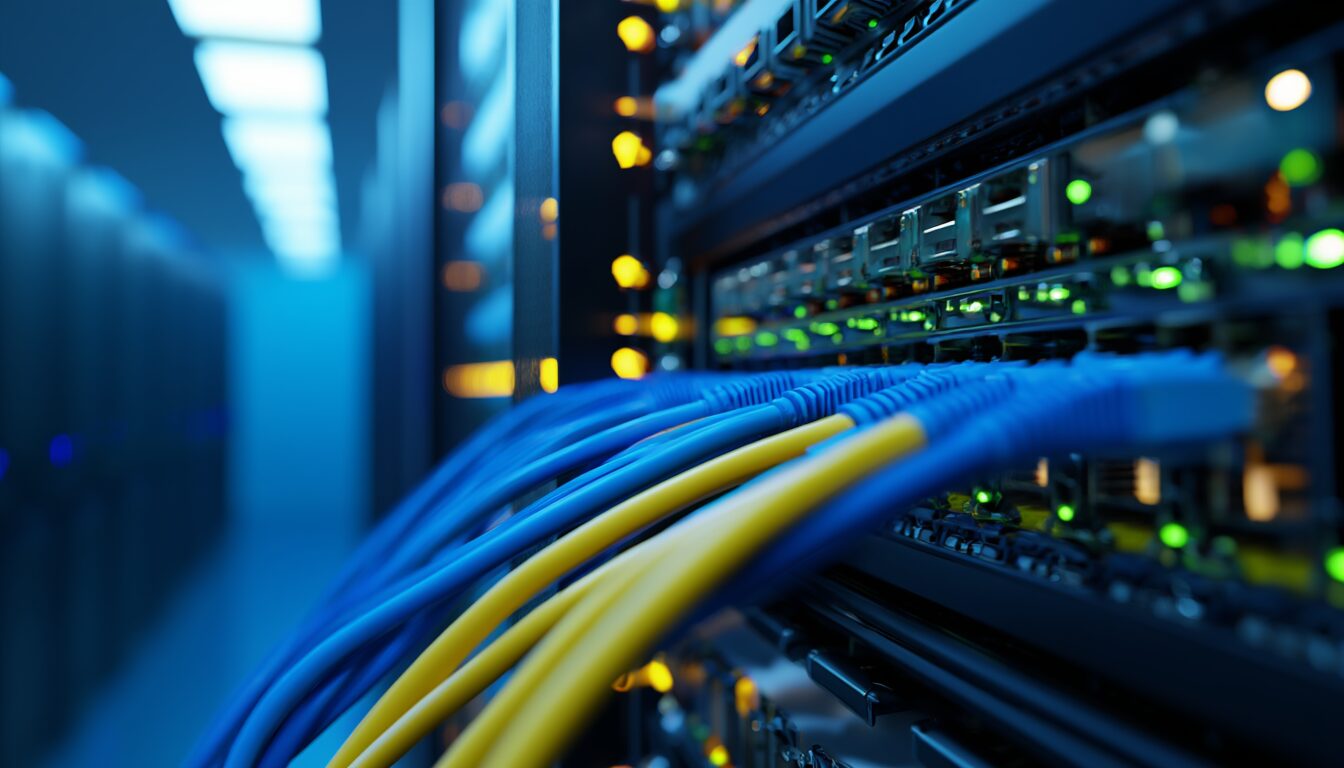 Netzwerk-Switch mit eingesteckten LAN-Kabeln im Serverschrank – Sinnbild für DNS- und DHCP-Dienste im IP-Netzwerk