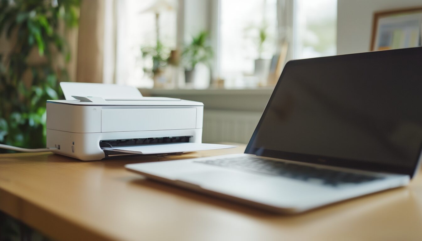Drucker wird nicht erkannt? Die Fixes für Windows 11 (2026) 1 Drucker per USB-Kabel mit einem Laptop auf einem Schreibtisch verbunden - Verbindungsdiagnose unter Windows 11