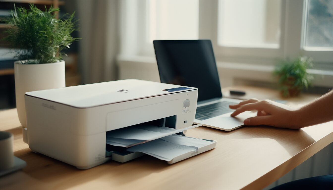 Druckprobleme in Windows 11 beheben: Drucker druckt nicht – die Lösungen der Reihe nach 1 Person richtet neben einem Laptop am Schreibtisch einen Drucker unter Windows 11 ein