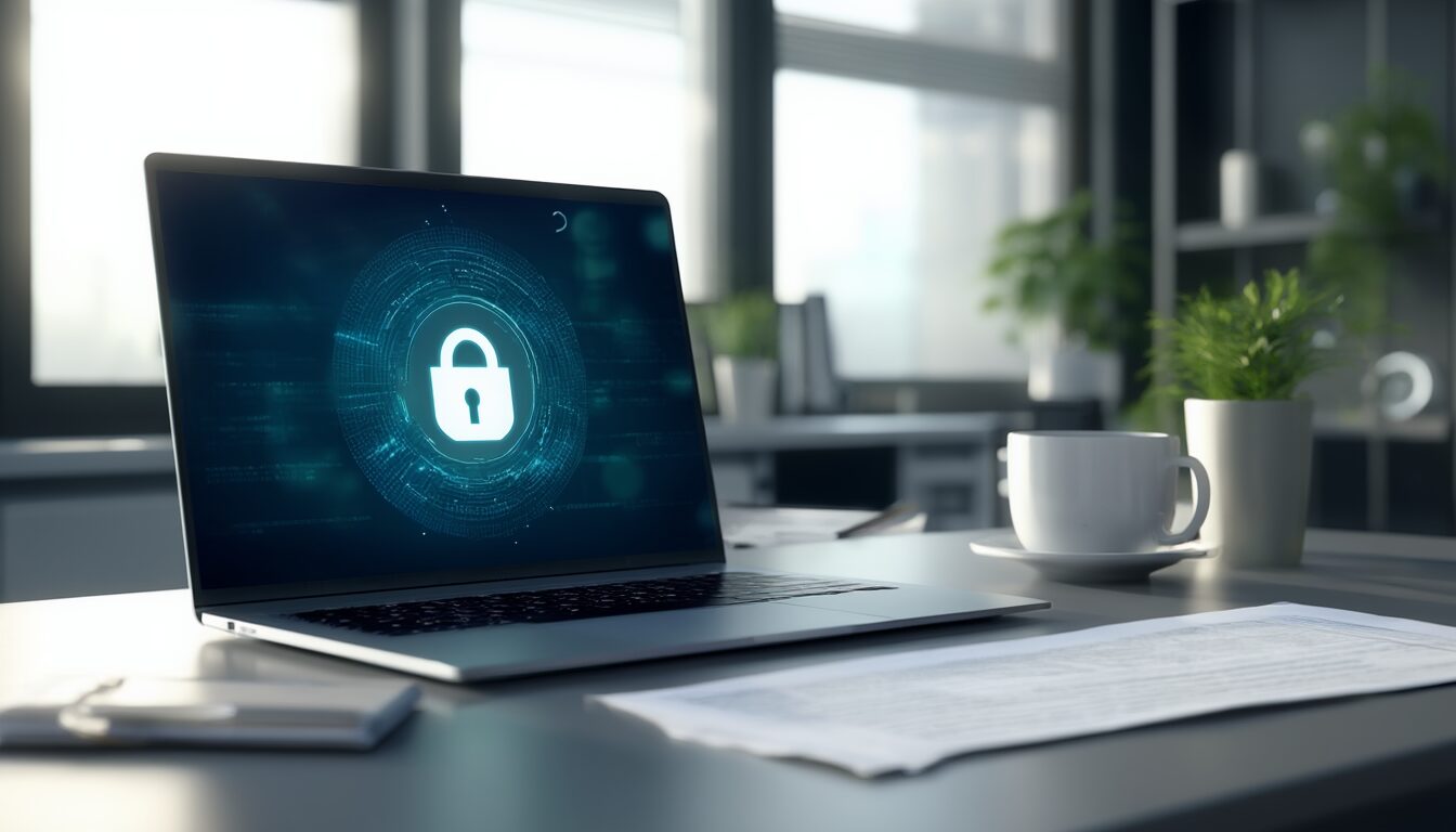 Schreibtisch mit Laptop, Schloss-Symbol auf dem Bildschirm und ausgedruckter Sicherheitsrichtlinie