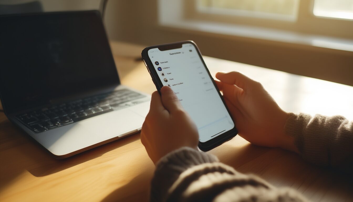 Hände halten ein Smartphone mit geöffneten Einstellungen zur eSIM-Einrichtung an einem Schreibtisch