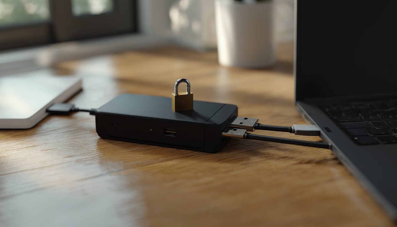 Externe USB-Festplatte am Laptop mit kleinem Vorhängeschloss als Symbol für ein verschlüsseltes Backup