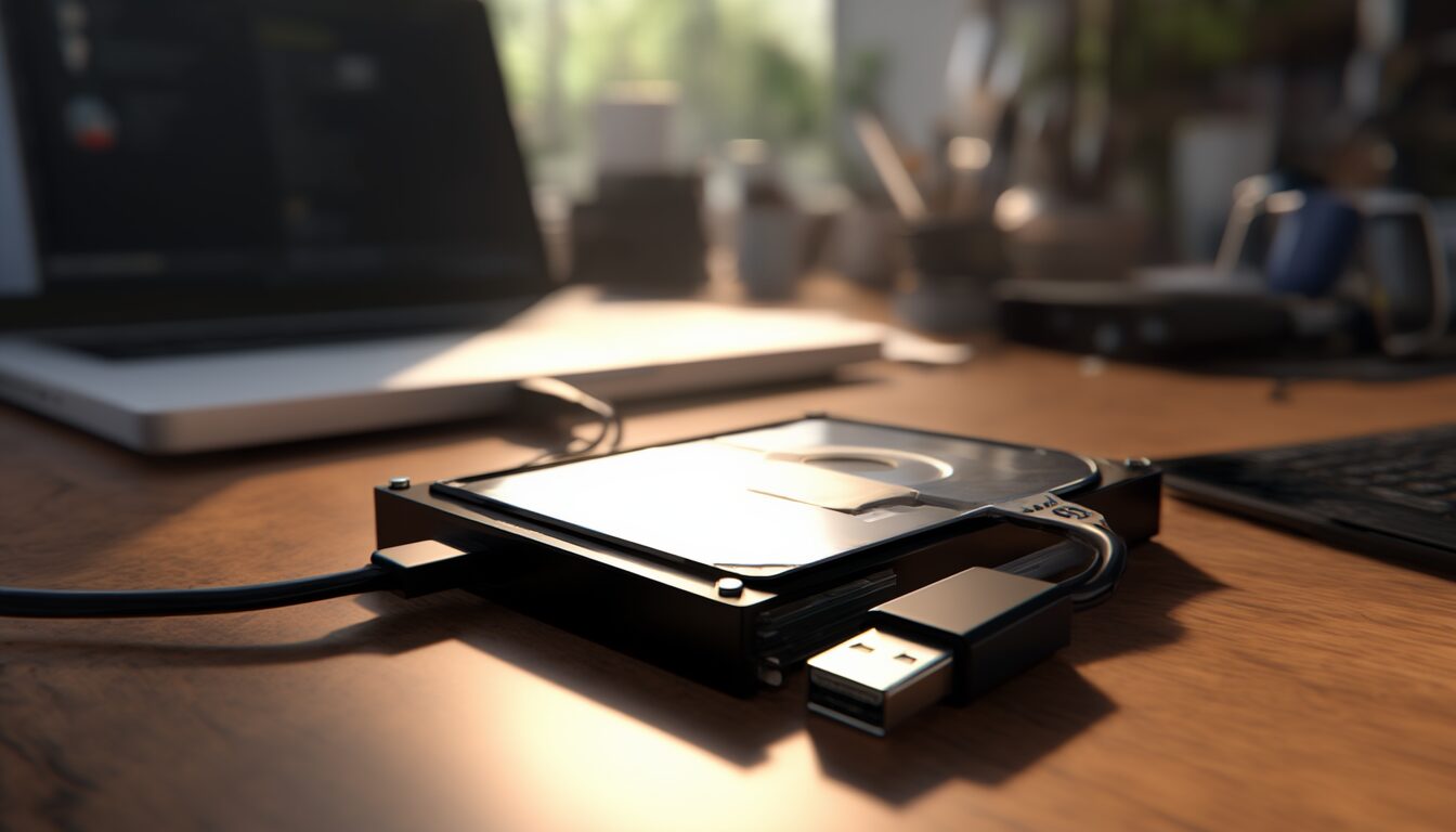 Externe Festplatte per USB am Laptop angeschlossen auf einem Schreibtisch zur Datenrettung