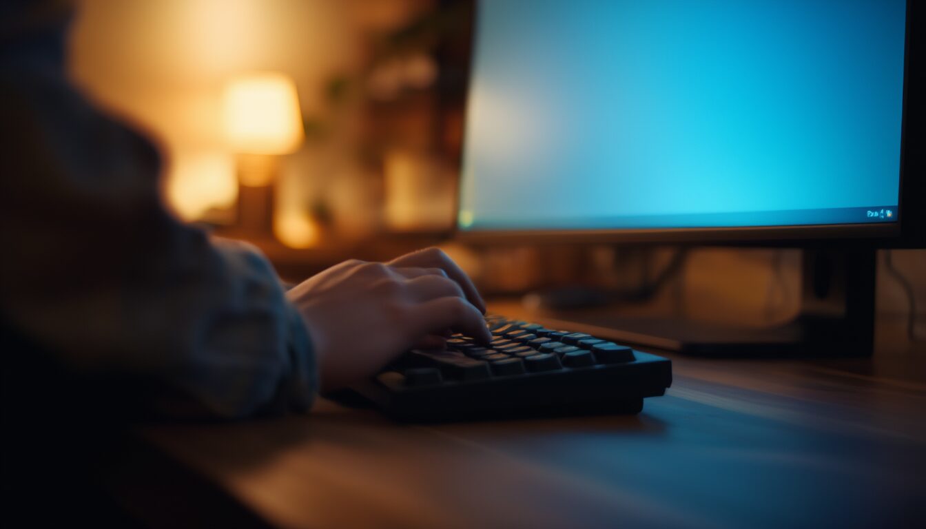 Hände an einer Tastatur vor einem PC-Monitor – Fehlersuche beim Windows-Fehler 0x80004005