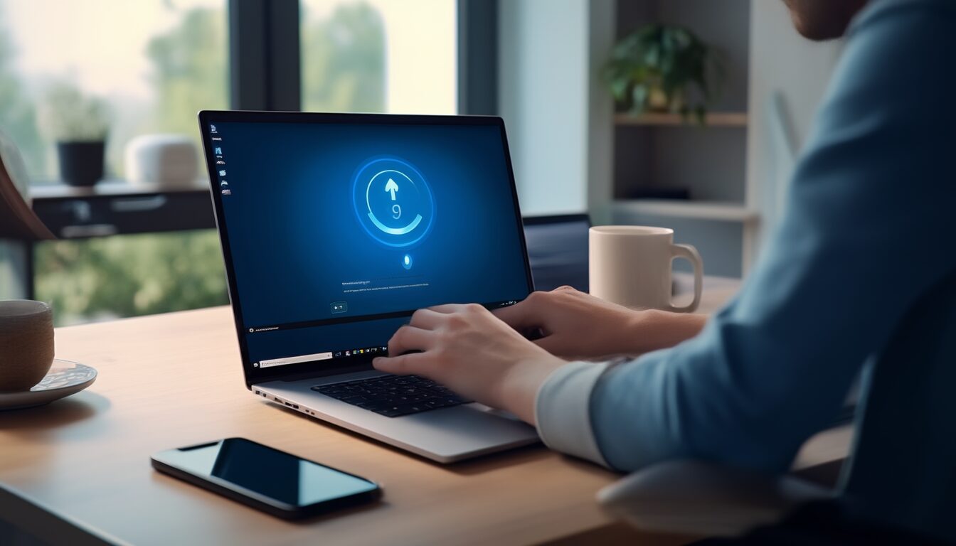 Person behebt am Laptop einen Windows-Systemfehler während eines laufenden Updates am Schreibtisch