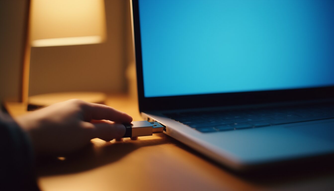 Fehler 0x80070570 beheben: Datei beschädigt bei Installation 7 Hand steckt einen USB-Stick in einen Laptop während einer Windows-Installation am Schreibtisch